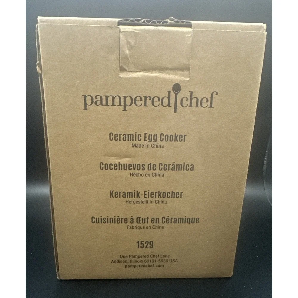 The Pampered Chef Ceramic Egg Cooker 1529 White with Gray Sleeve New with Box